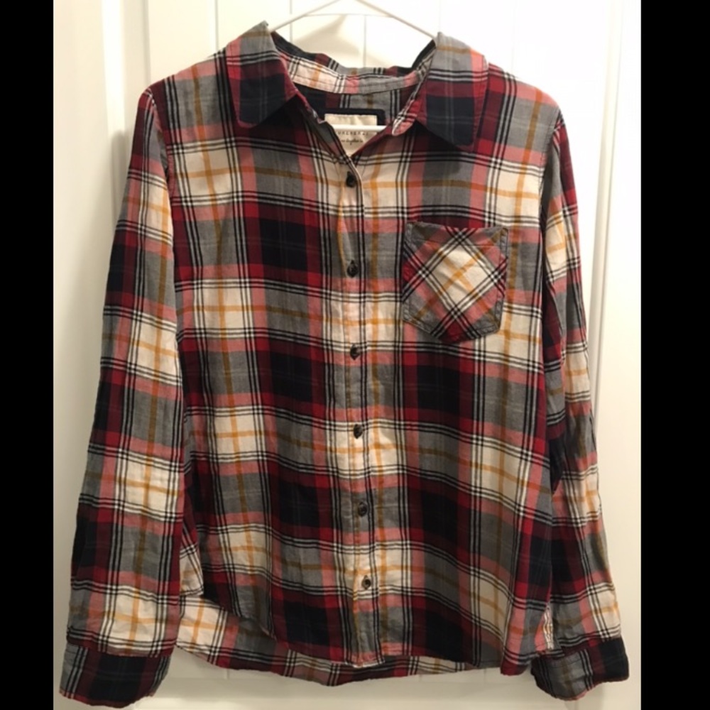 Blue, red, yellow plaid button up, size large